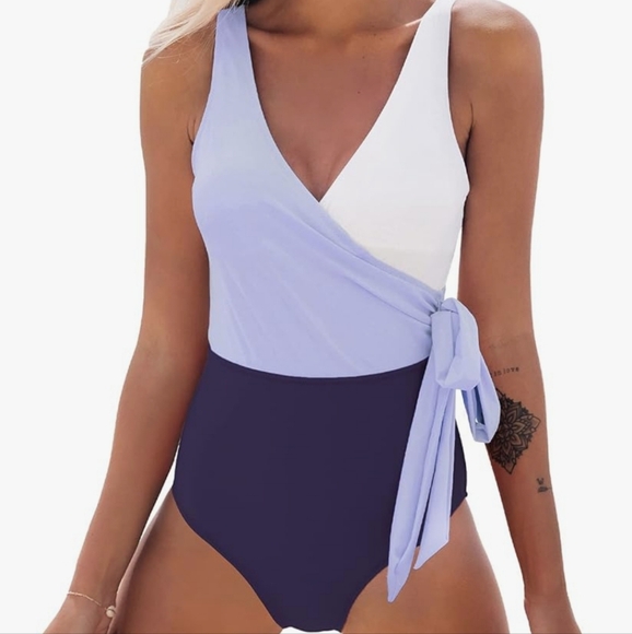 Women's Color Purple White Block Tie Side One Piece Swimsuit Size Midium - Picture 2 of 13